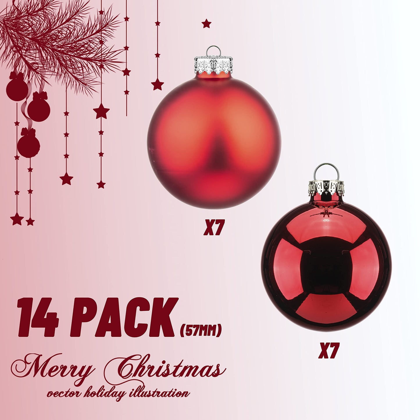 Suixing Christmas Glass Balls Multi Colors Included with Loop Set Festival Home Party Decors Xmas Tree Hanging Pendant 14PC 2.2In Red