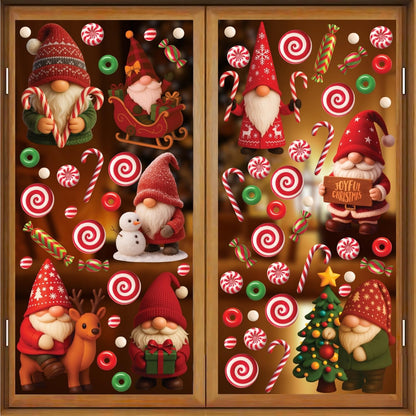 WALPLUS Christmas Window Clings Decorations Double-Sided Reusable Peel and Stick Removable for Glass Living Room Nursery Room Home Office Holiday Gnomies and Candy Delights 186 Pieces