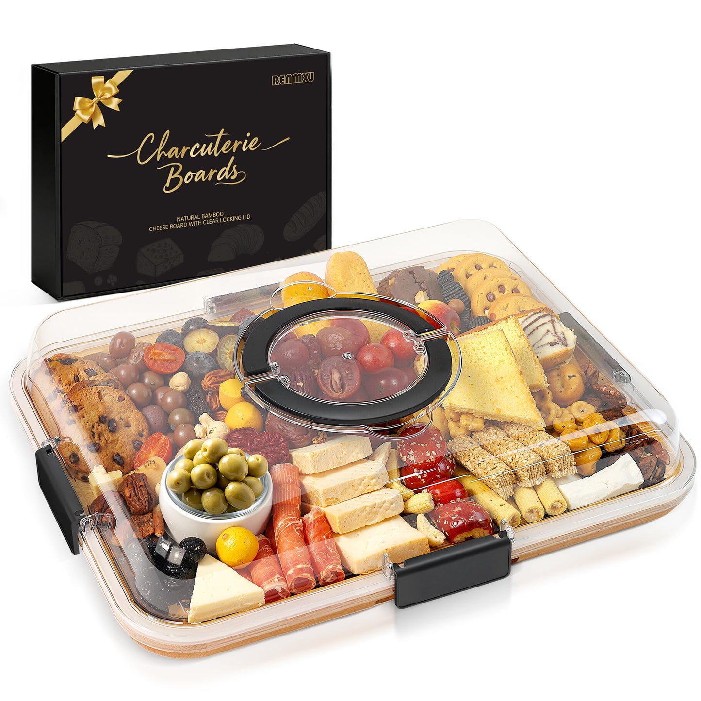 Renmxj Charcuterie Board with Clear Lid, Travel Portable Cheese Board Charcuterie Box Cutting Boards for Kitchen, Picnic and Party, House Warming Gifts New Home (Black, 6 Compartments)