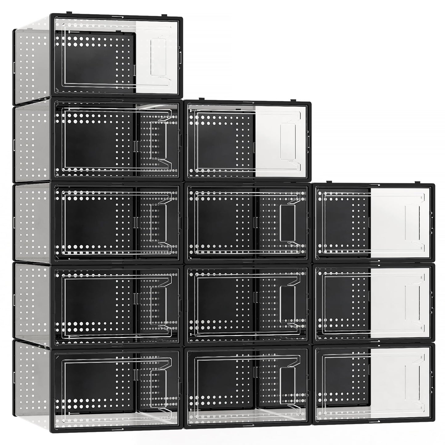 12 Pack Large Shoe Organizer Storage Boxes for Closet, Modular Space Saving Shoe Boxes Clear Plastic Stackable Sneaker Containers Display Case with Lids, Black