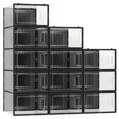 12 Pack Large Shoe Organizer Storage Boxes for Closet, Modular Space Saving Shoe Boxes Clear Plastic Stackable Sneaker Containers Display Case with Lids, Black