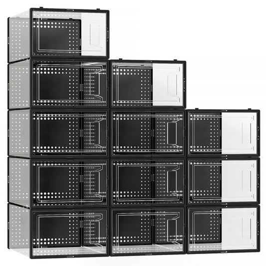 12 Pack Large Shoe Organizer Storage Boxes for Closet, Modular Space Saving Shoe Boxes Clear Plastic Stackable Sneaker Containers Display Case with Lids, Black