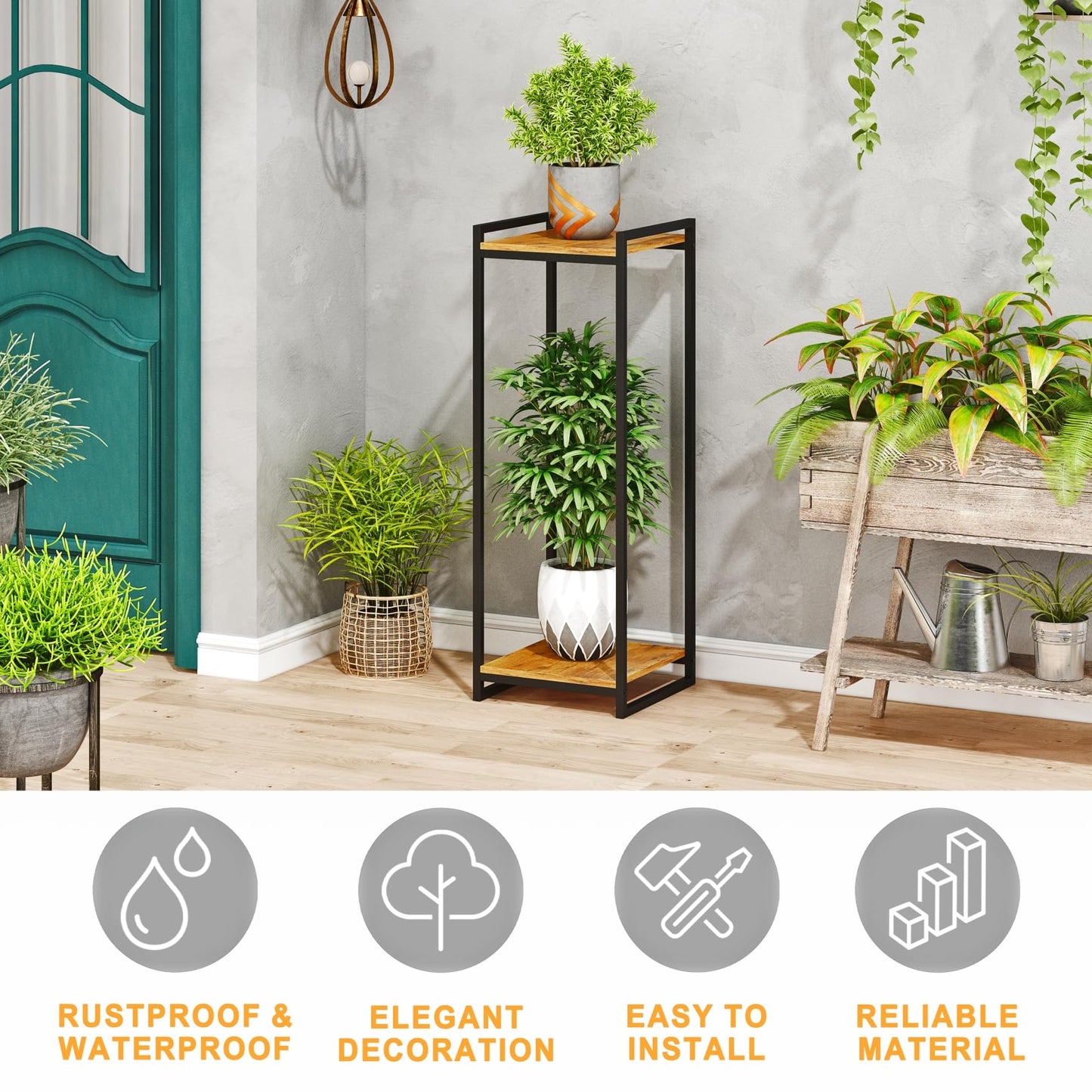 yeavs 2-Tier Plant Stand Indoor, 34" Tall Modern Plant Shelf Corner Flower Pot Holder Organizer for Living Room Balcony Garden, Rustic Brown