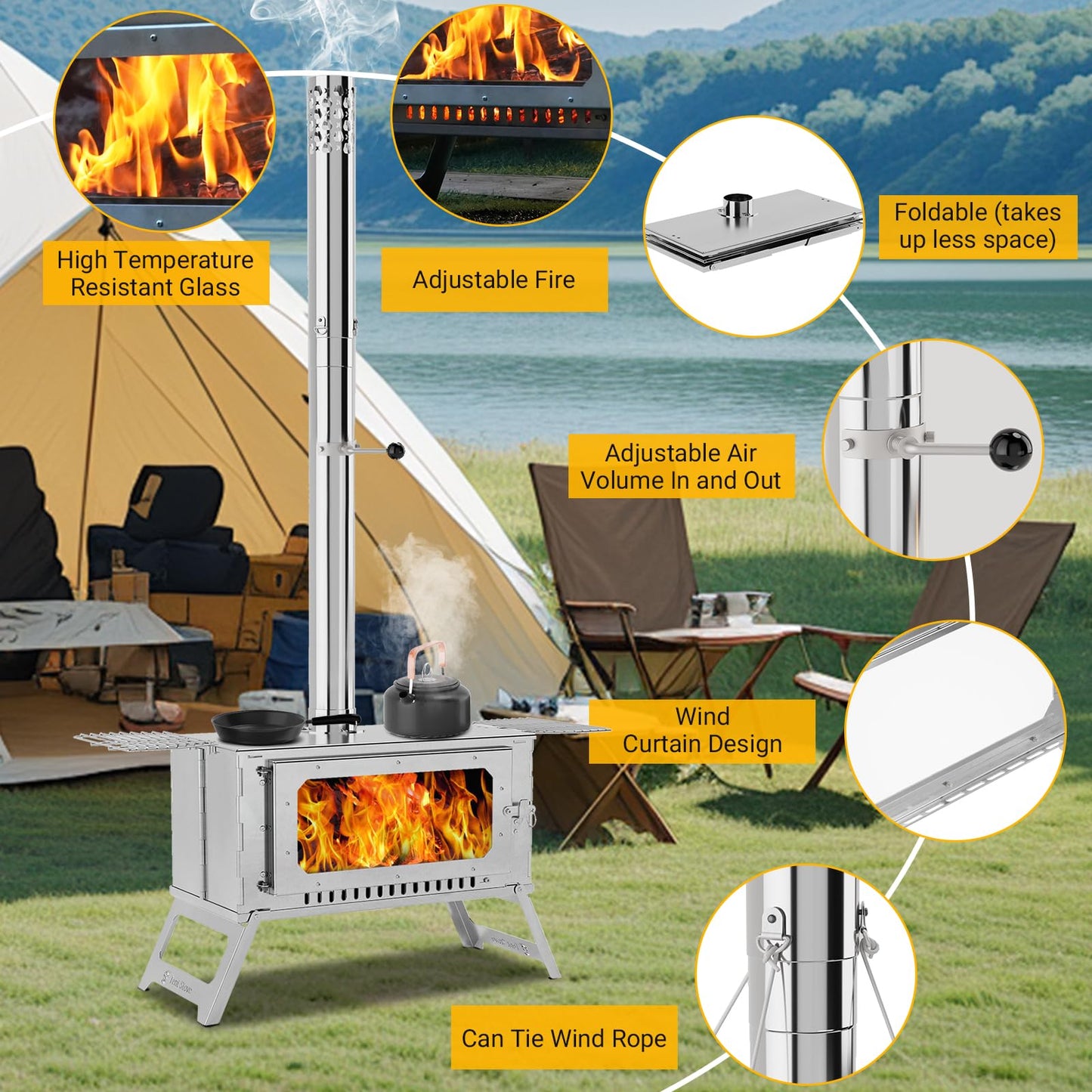 Large Portable Wood Burning Tent Stove, Foldable Stainless Steel Camping Stove with Viewing Glass & 5 Chimney Pipes & 3 Grills for Outdoor Heating, Cooking, Shelter, and Wilderness Survival