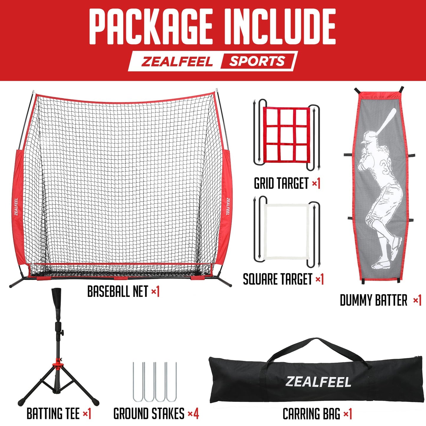 Baseball Softball Net, 7x7 ft Pitching & Batting Net with Dummy Batter, Large Ball Collection System, 2 Strike Zones, Batting Tee, Carry Bag for Batting Pitching Hitting, Great for All Levels
