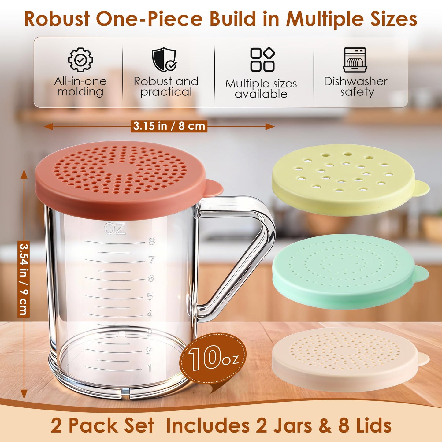 Dredge with Snap Lid, Seasoning Sugar Spice Shaker with Interchangeable Lids – 10 OZ Clear Spice Dredge for Cinnamon Sugar, Parmesan Cheese, Pepper, Dishwasher Safe(10 Pcs)