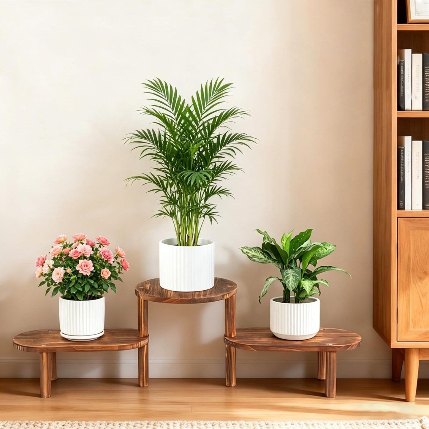 Jotboom 3 Tier Corner Plant Stand Indoor - Adjustable Wood Convex Flower Stand for Small Spaces, Heavy Duty Long Plant Shelf for Living Room Balcony Hallway