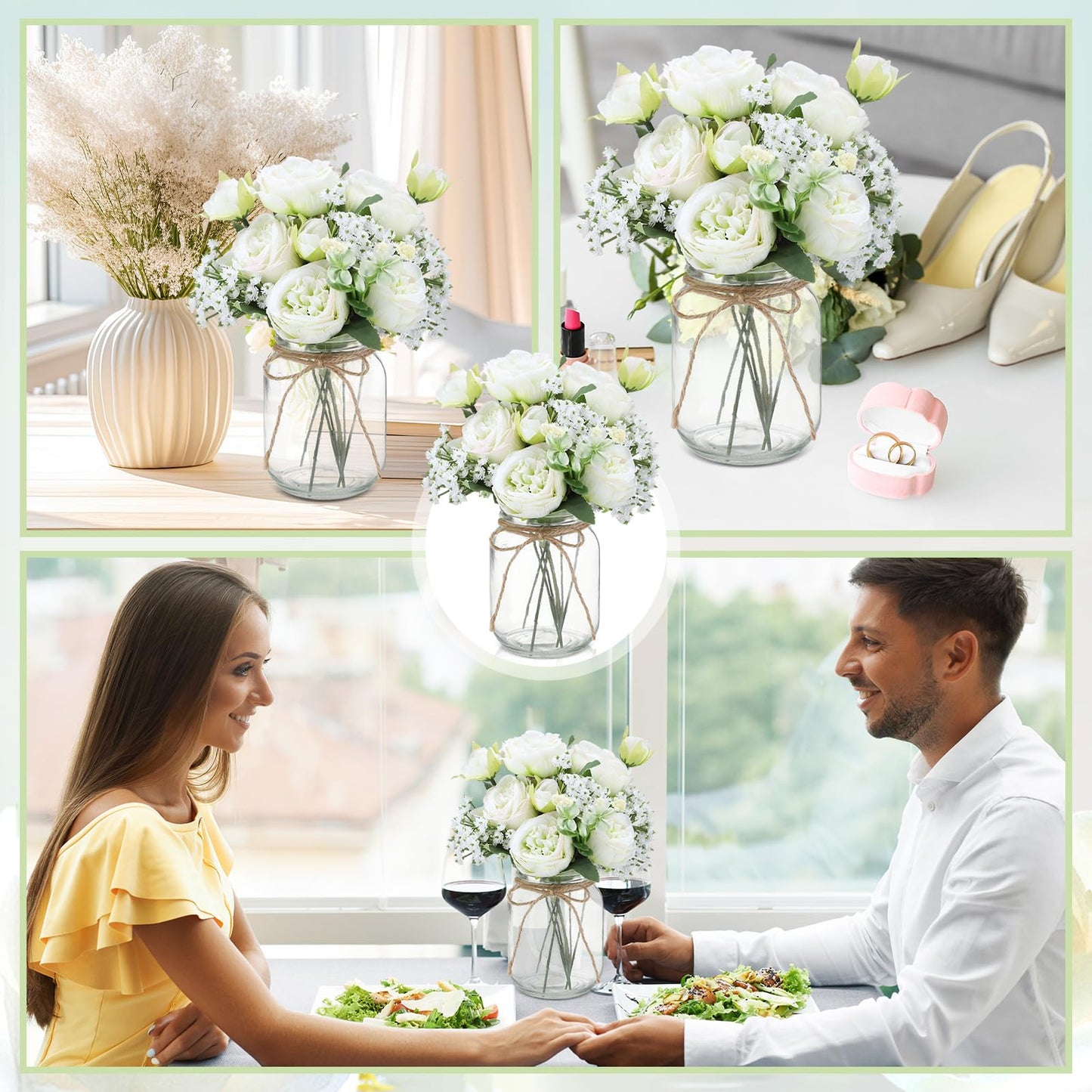 Zeyune 12 Sets Mason Jar Centerpiece Table Decorations, Artificial Peony Baby's Breath Flower Bouquets, Faux Flowers with Vase, Rustic Decor Gifts for Home, Wedding, Holiday (Green)