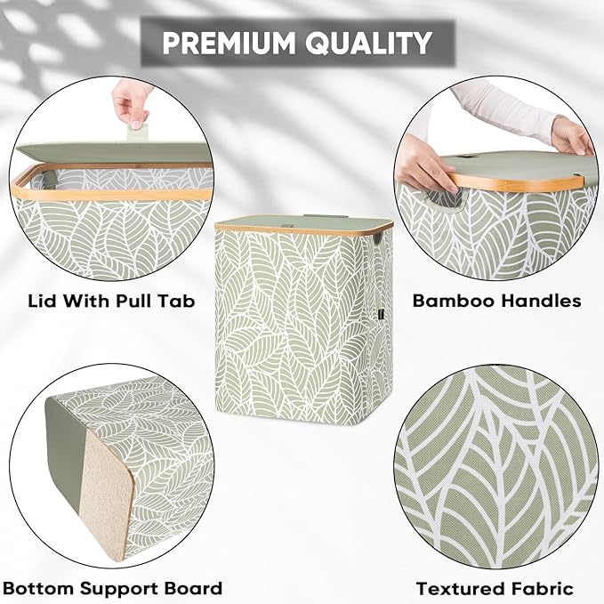 BALEINE Laundry Hamper with Lid, Tall Laundry Baskets with Bamboo Pull Handles