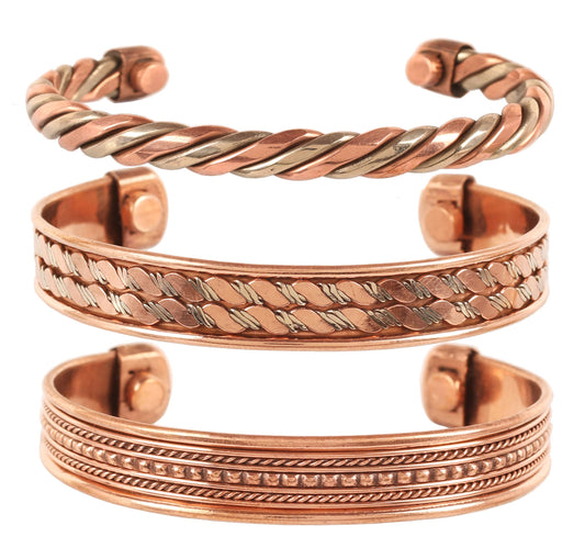 Touchstone Copper Bracelets | Gift for Men Women |Adjustable 100% Pure Solid Real Magnetic Jewelry | Handmade Bracelet Set Combo | Rope Braided Tibetan Bangles. Set of 3 Different Designs