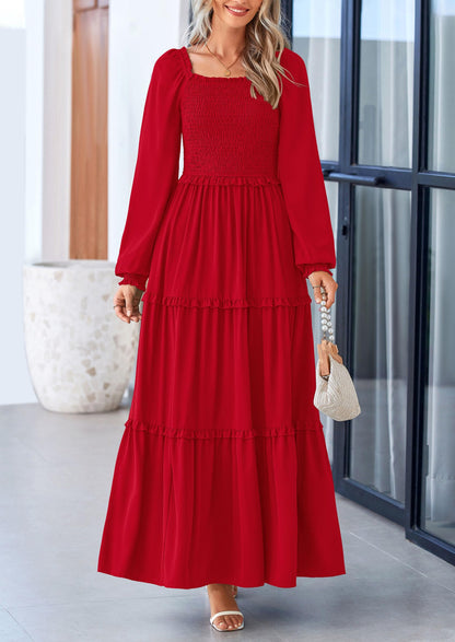PRETTYGARDEN Fall Wedding Guest Dresses for Women 2025 Long Sleeve Square Neck Tiered A Line Modest Elegant Flowy Dresses (Red,Small)