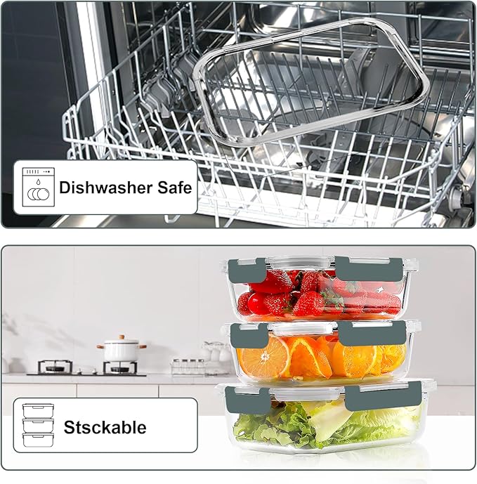 VERONES 10 Pack Glass Meal Prep Containers, Airtight Glass Lunch Containers
