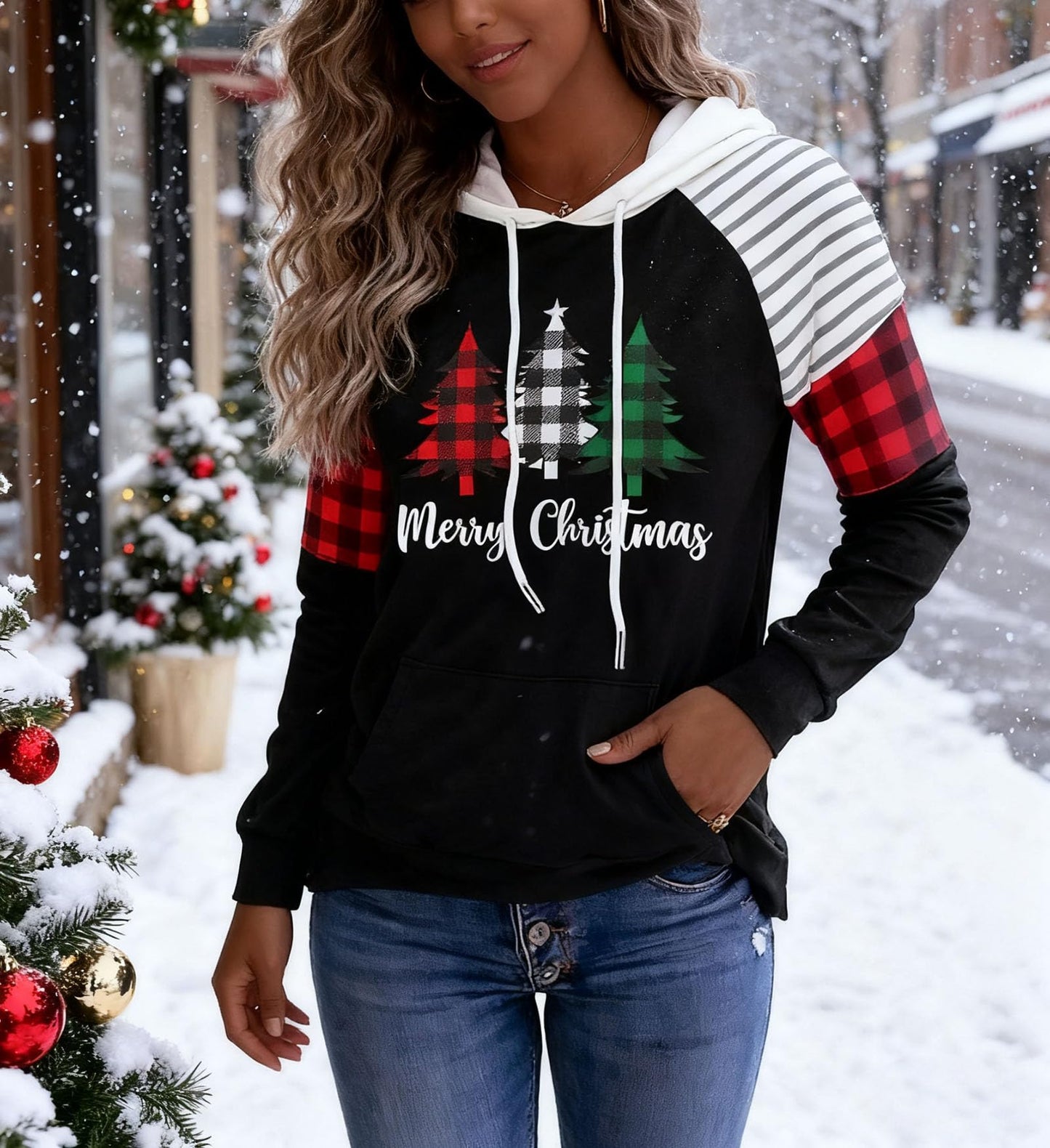 Merry Christmas Buffalo Plaid Tree Striped Splicing Hoodie Shirt Blouse for Women Christmas Color Block T Shirt Top(Black, Large)