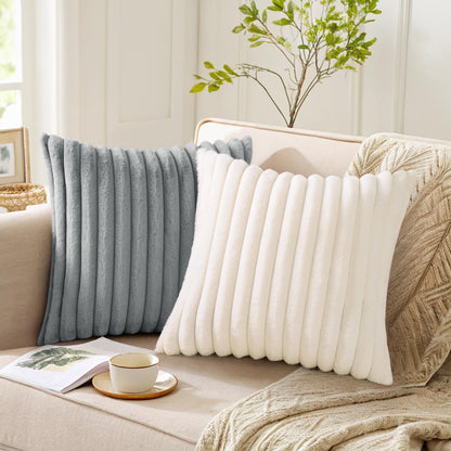 Pallene Faux Fur Plush Christmas Throw Pillow Covers 18x18 Set of 2, Luxury Soft Fluffy Striped Decorative Pillow Covers for Sofa, Couch, Living Room, Cream White