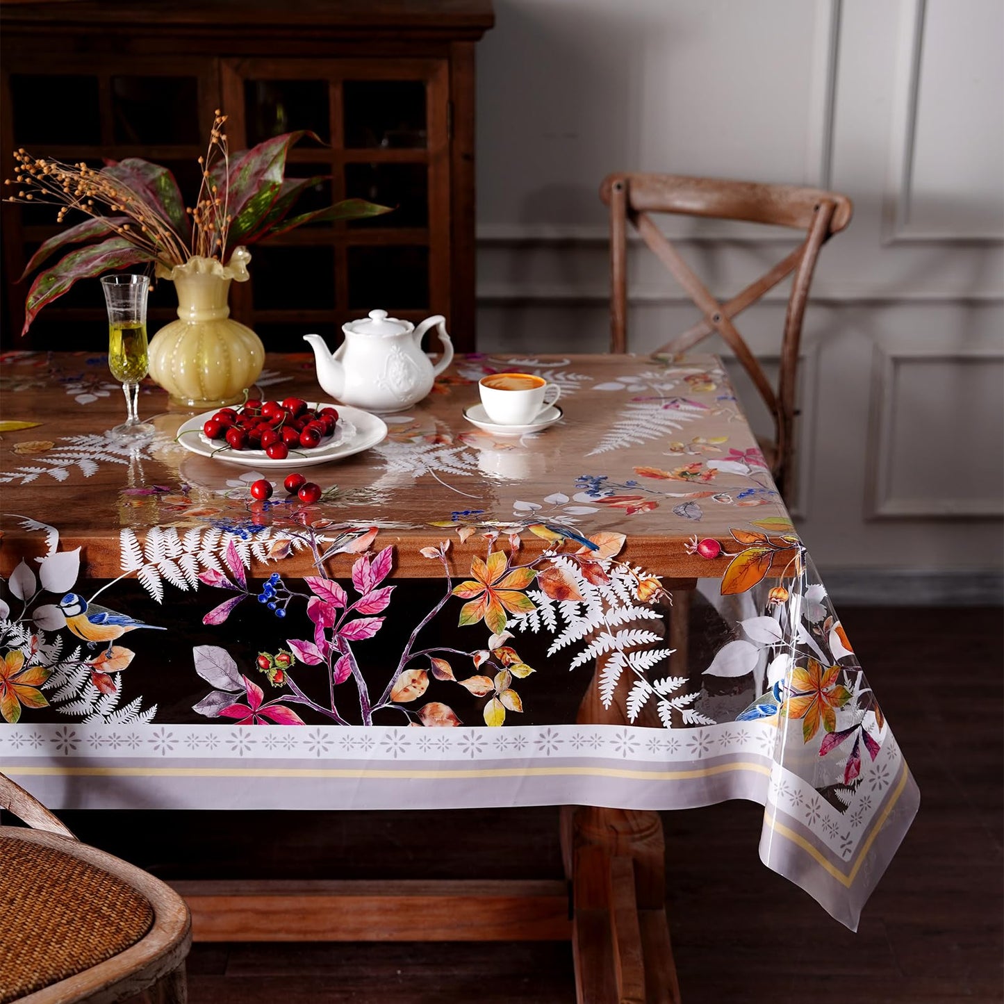 Artbloss Clear Table Cover Protector Vinyl Table Cloth Oil Spill Proof Vintage Rustic Plastic Table Covers for Dining Tables (Birds, 60 x 84 Inches)