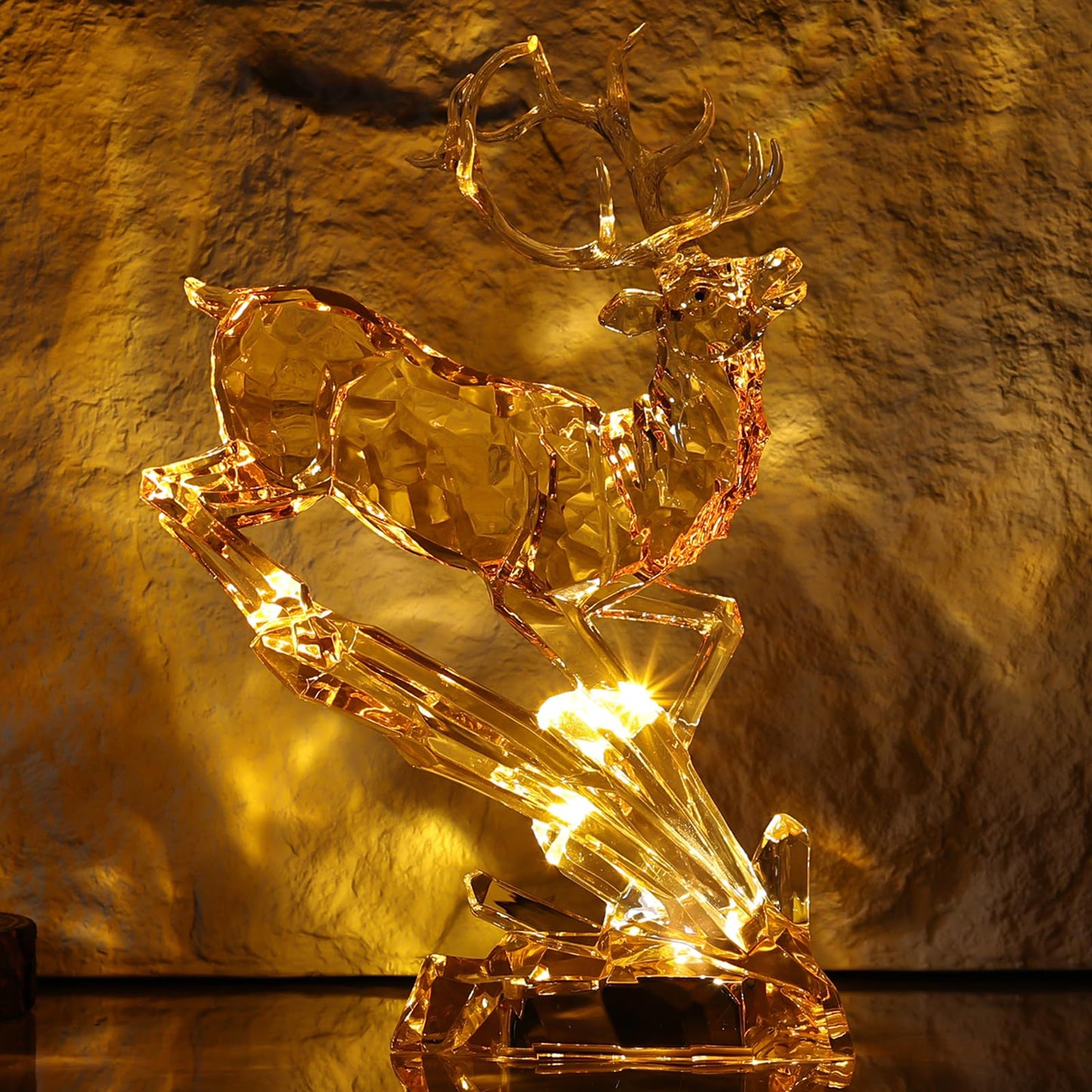 LCCCK Gold Clear Acrylic Large Deer Figurine, 11.8" Tall Reindeer Christmas Decoration, High End Deer Statue with Glass-Like Crystal Finish, for Christmas Indoor Table Top or Gift -with LED Light