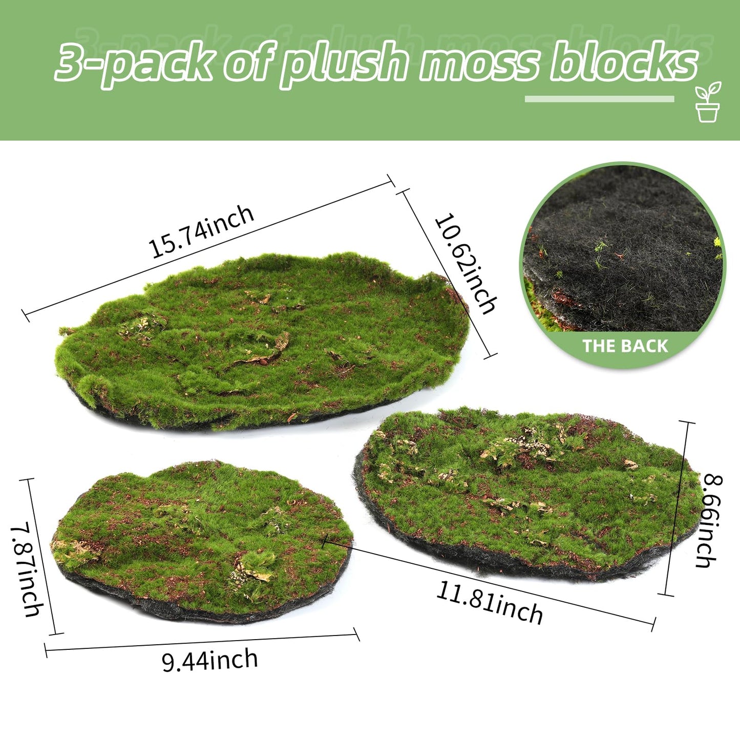 Huamanyuancraft Artificial Moss Blocks for Garden Decoration, 6-Piece Set, Green Decorative Moss Stones Suitable for Ecological Tanks, Fairy Gardens, 3 Pack Small (Realistic Green Faux Fake Moss)