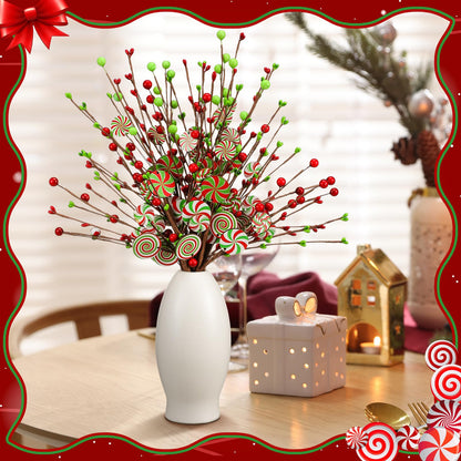 Janinka 8 Pcs Christmas Picks Red and Lime Green Candy Cane Decor Xmas Tree Picks Red Green Christmas Decorations Candy Xmas Tree Topper Lollipop Elf for Vase Fillers DIY Crafts Displays Home New Year