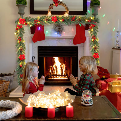 Adeeing Prelit Christmas Garland with 20 LED Lights - Red Poinsettia Flowers, Berries and Pine Cones - 6FT Lighted Garland for Mantle & Outdoor Decoration
