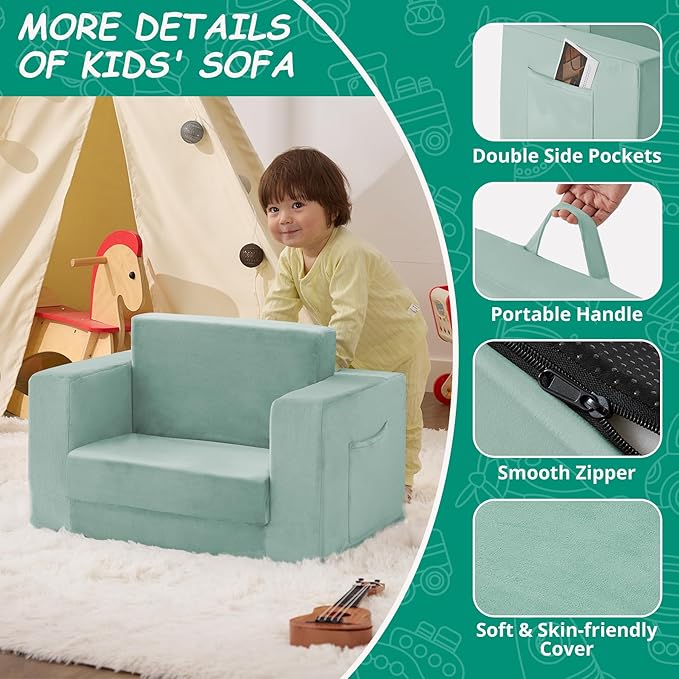 Kids Couch, 2-in-1 Toddler Chair Comfy 1-3 Years, Convertible Kids Chair