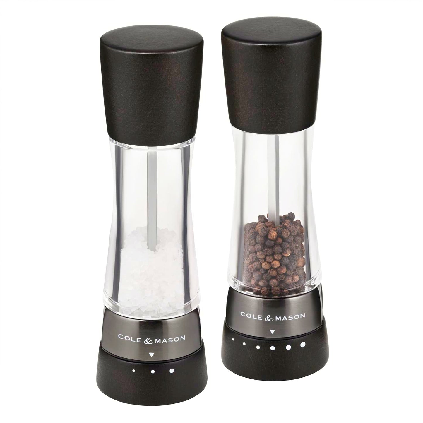 Cole & Mason H332293 Derwent Black Wood Salt and Pepper Mills, Gourmet Precision+, Adjustable Grind, Stained Beech/Acrylic, 190 mm, Gift Set, Includes 1 Salt and 1 Pepper Grinders