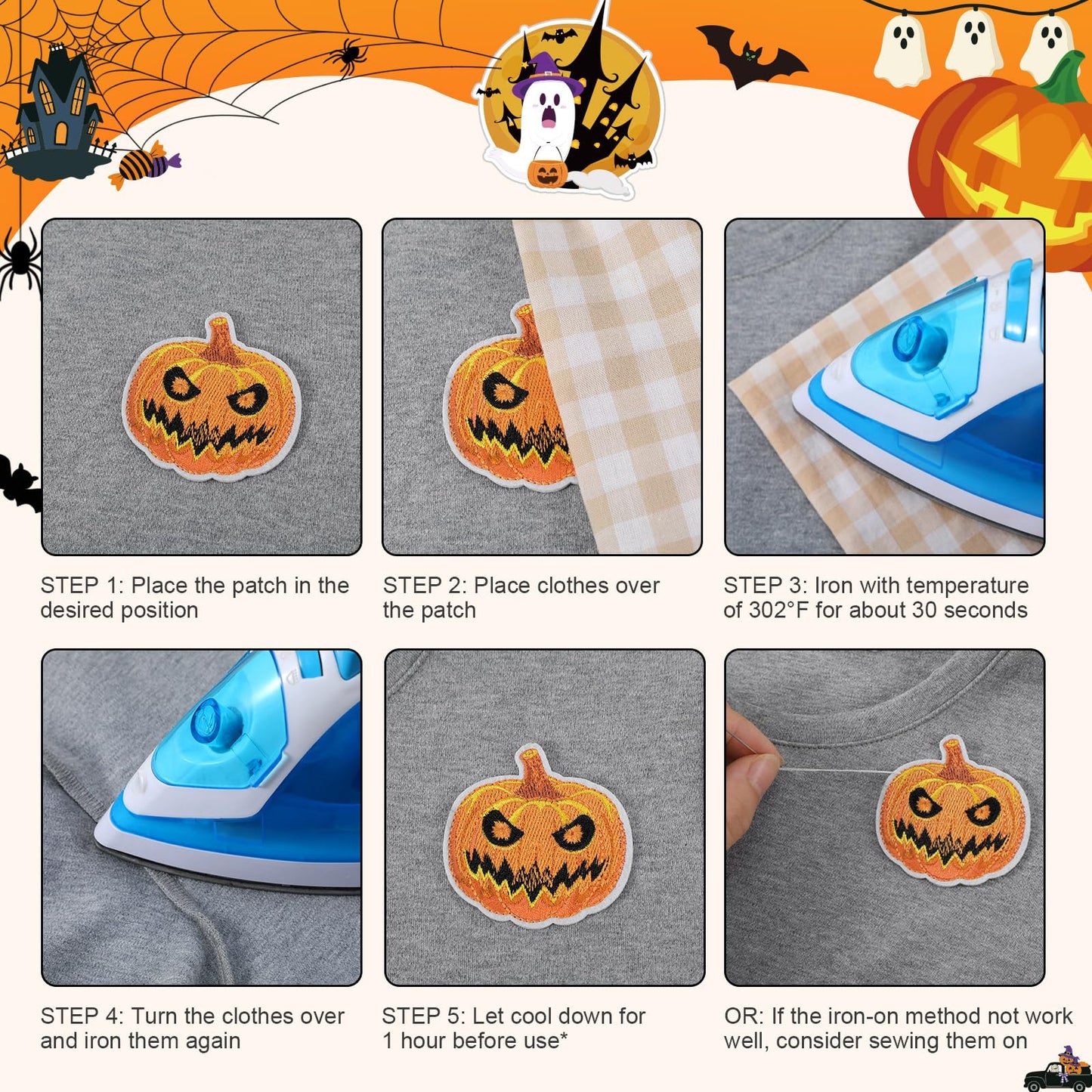 Janinka 72 Pcs Halloween Iron on Patches Boo Pumpkin Bat Ghost Sew on Embroidered Applique Rrepair Patch DIY Crafts Festive Gifts for Halloween Clothing Hat Bag Backpack DIY Crafts Decor
