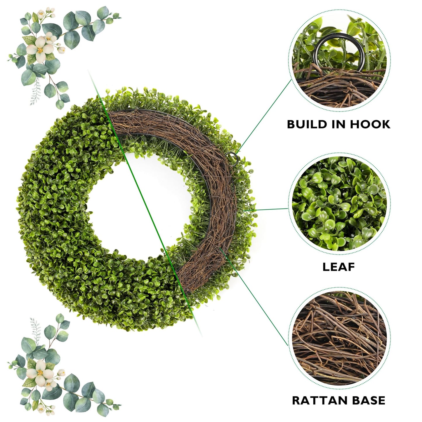 SEVENLOVE Boxwood Wreath,20inch Wreath for Front Door Greenery Wreath Outdoor/Indoor Green Home Round All Year Round Farmhouse St Patricks Day Decorations
