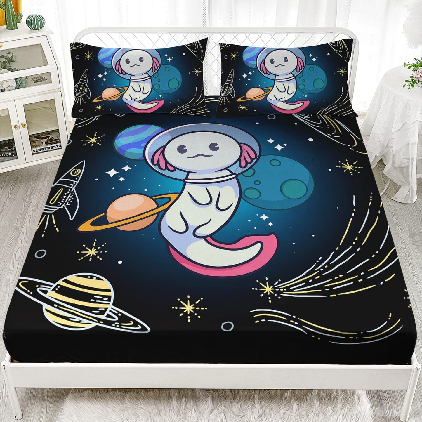 HOSIMA Axolotl Bedding Set for Kids Bedroom Decor, Space Cartoon Pattern Kawaii Wildlife Animals Reptile Toddler Twin Size Fitted Sheet With 2 Pillowcases