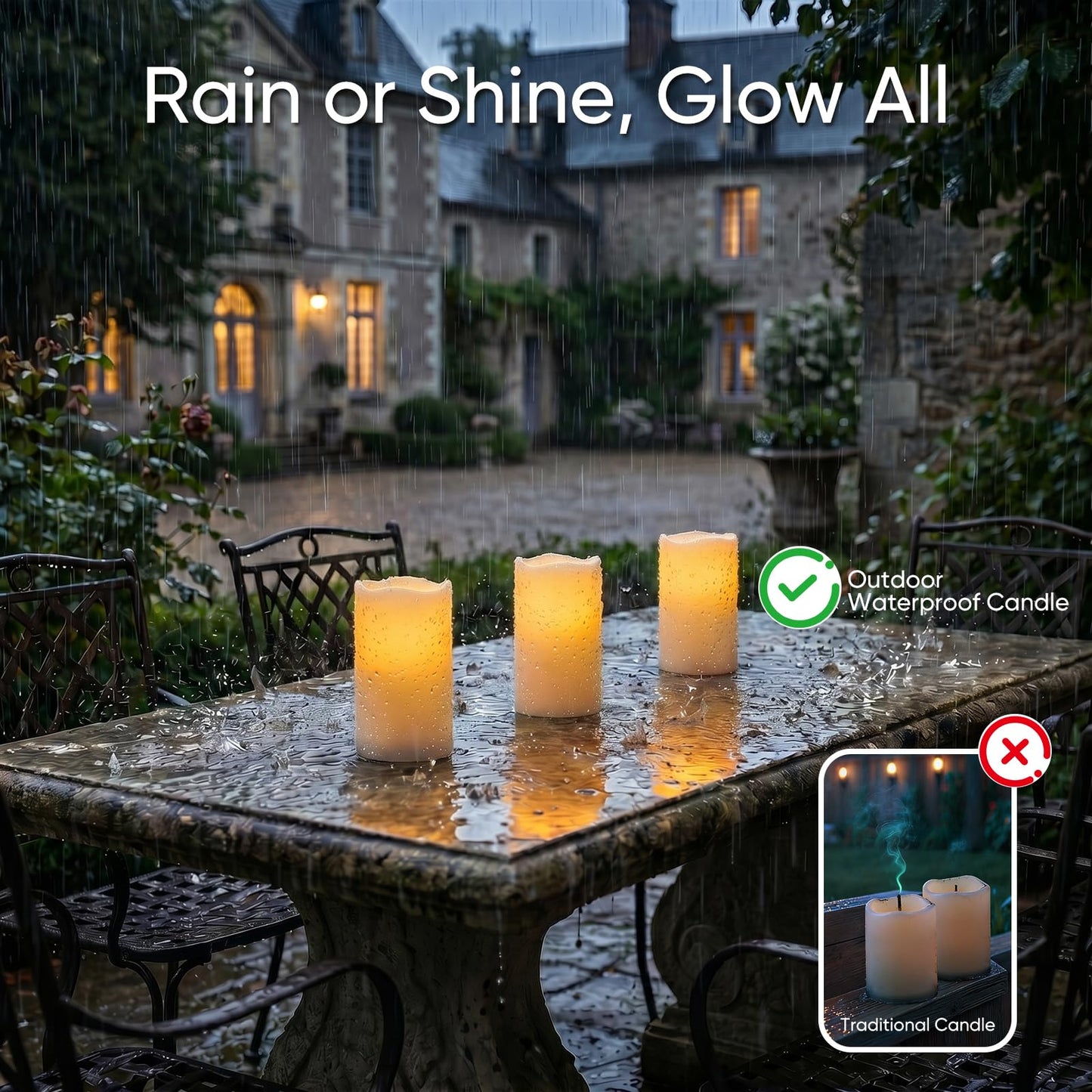 Raycare Outdoor Waterproof Flameless Candles-Auto Light Sensor Dusk to Dawn, Flickering LED Candle, Battery Operated Electric Fake Pillar Candle for Garden, Porch, Patio, Lantern Decor, (D3"xH4"5"6")