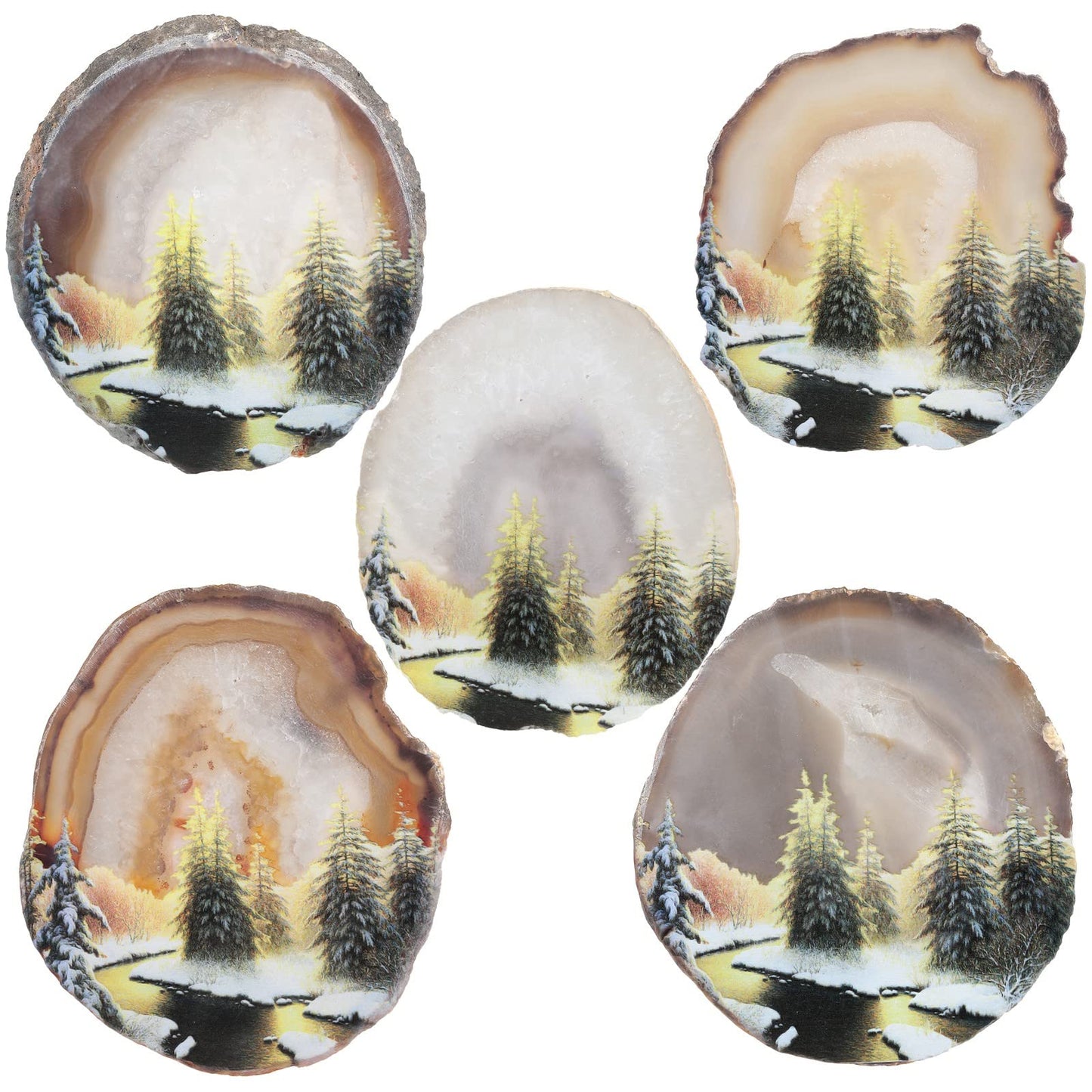 SUNYIK Natural Geode Agate Slice Display with Wooden Stand, Irregular Agate Slab Tabletop Desktop for Office Home Decor, Landscape-2