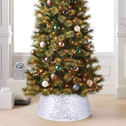 Christmas Tree Collar Burgundy Round Tree Skirt Tree Ring Sparkle Sequin for Christmas Holiday Thanksgiving Home Decor Red Gold