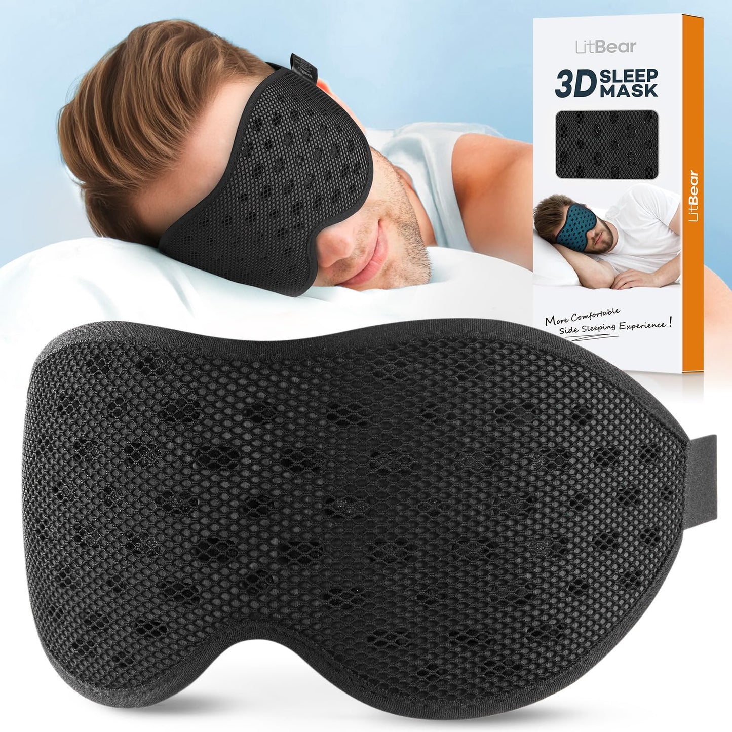 LitBear Breathable Sleep Mask, 3D Eye Mak Sleep for Side Sleepers Women Men, Light Blocking Sleeping Mask with Adjustable Strap, Soft Lightweight Eye Cover for Travel, Night Work, Nap, Office - Blue