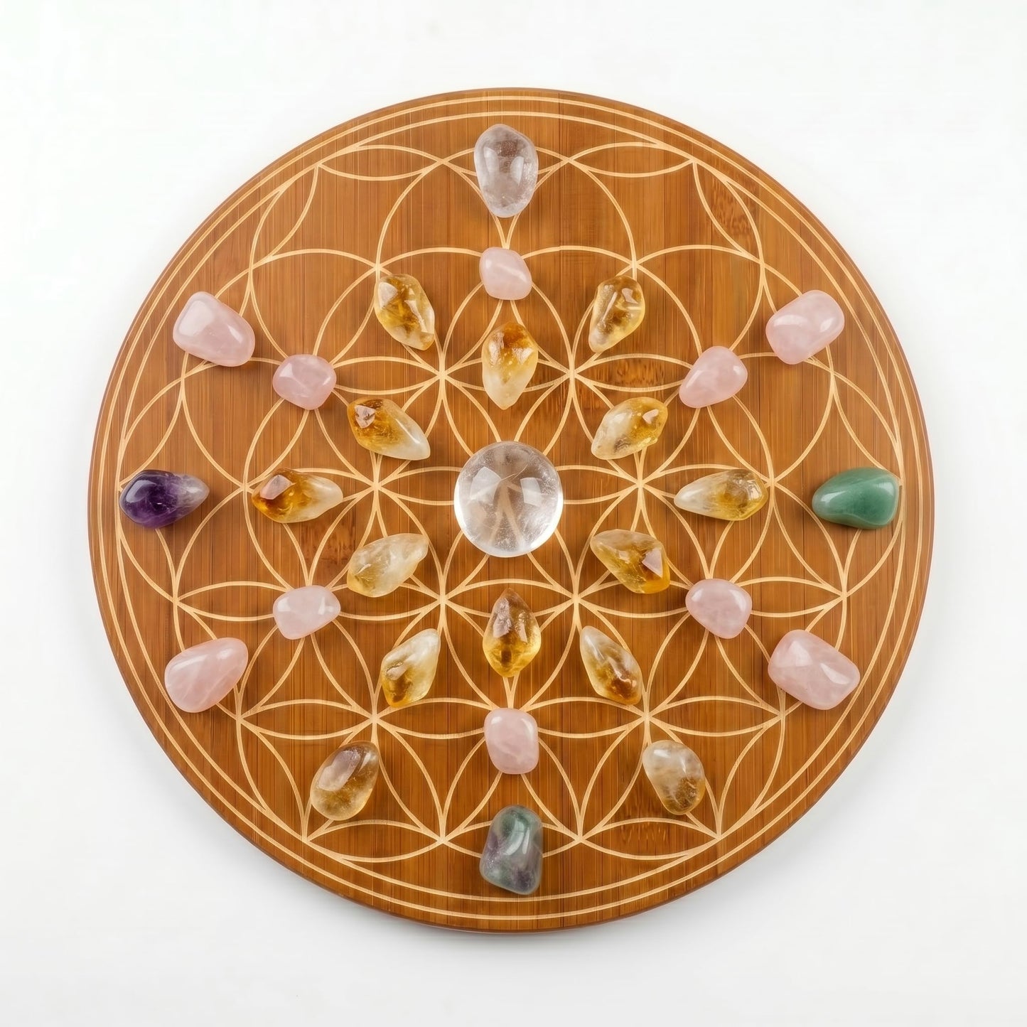 Bamura Flower of Life Crystal Grid Board 10" - Walnut Finished Bamboo Sacred Geometry Wall Art for Harmony & Zen Decor, Energy Stone Altar Plaque art work