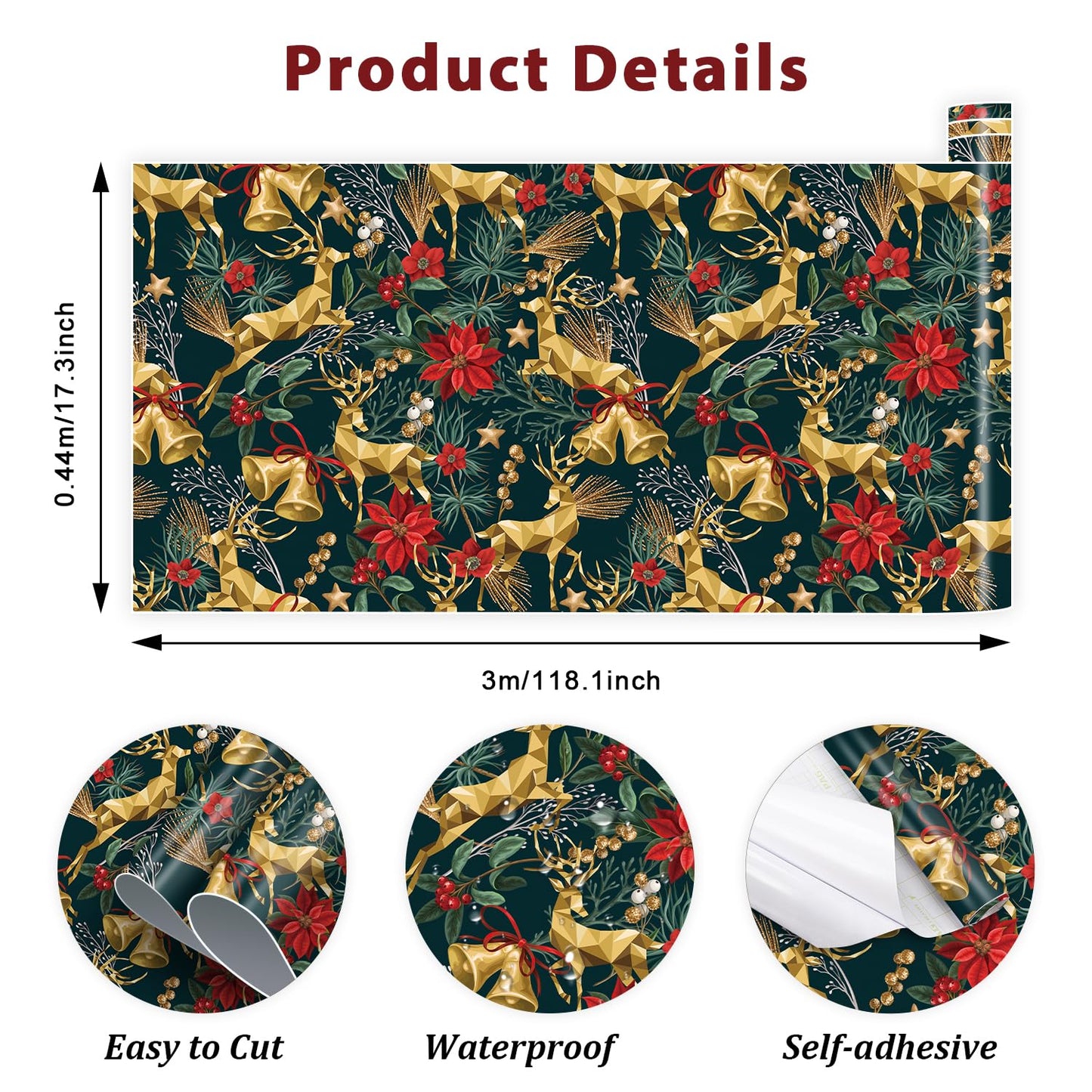 TOARTi Gold Elk Christmas Peel and Stick Wallpaper Dark Green Christmas Reindeer Contact Paper for Cabinets Drawer Xmas Self Adhesive Wallpaper for Winter Holiday Party Xmas Contact Paper