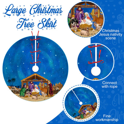 Blosssound Christmas Tree Skirt Christian Christmas Tree Mat Winter Holiday Party Decoration for Xmas Farmhouse Indoor Outdoor Decor Supplies(48 Inch,Blue)