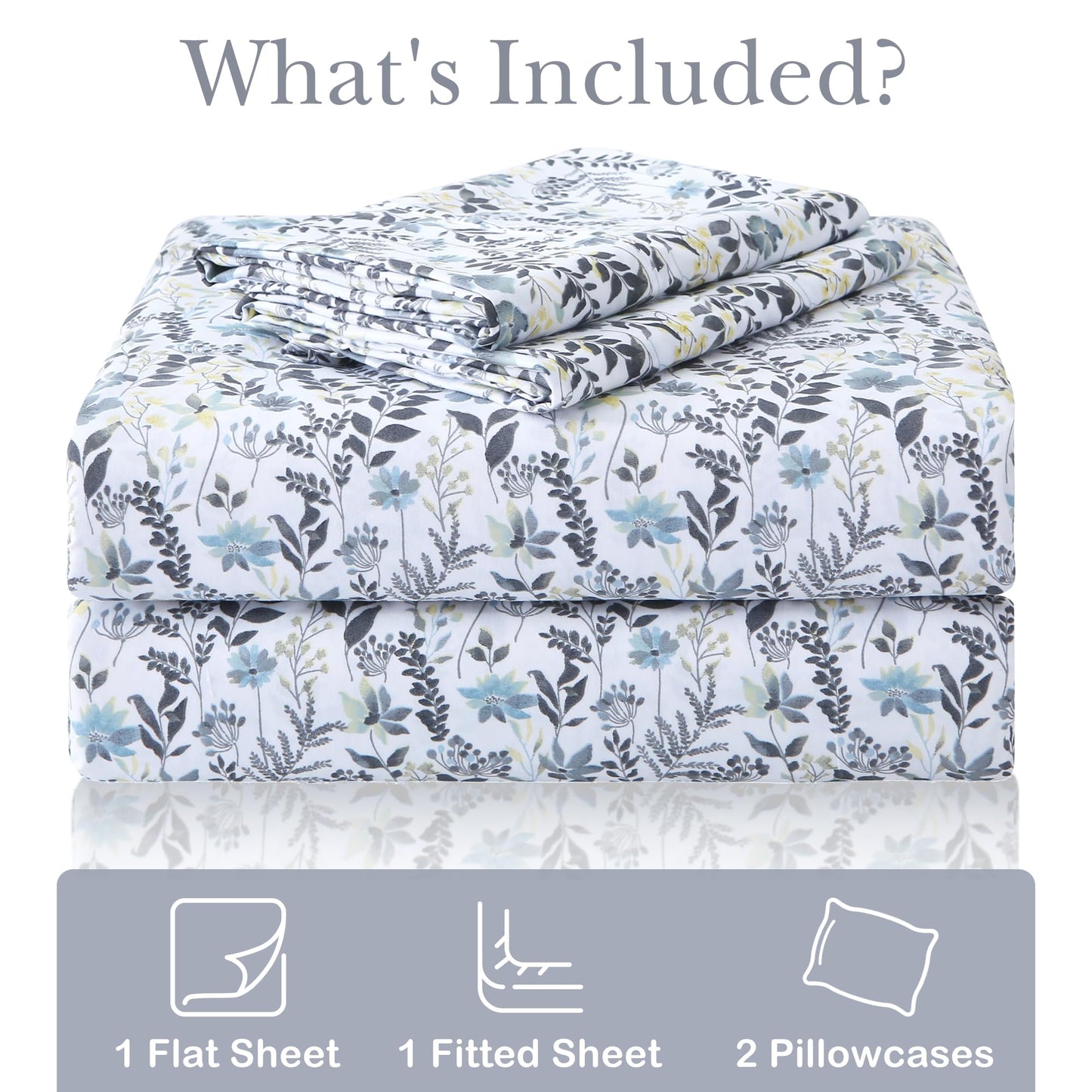 Mooreeke Cozy Vintage Microfiber Printed Queen Sheet Set - Soft Breathable Percale Cotton Floral Bed Sheets with Deep Pocket - Non-Slip Fitted Design - Yellow Blue Gray Gradient Flowers Pattern