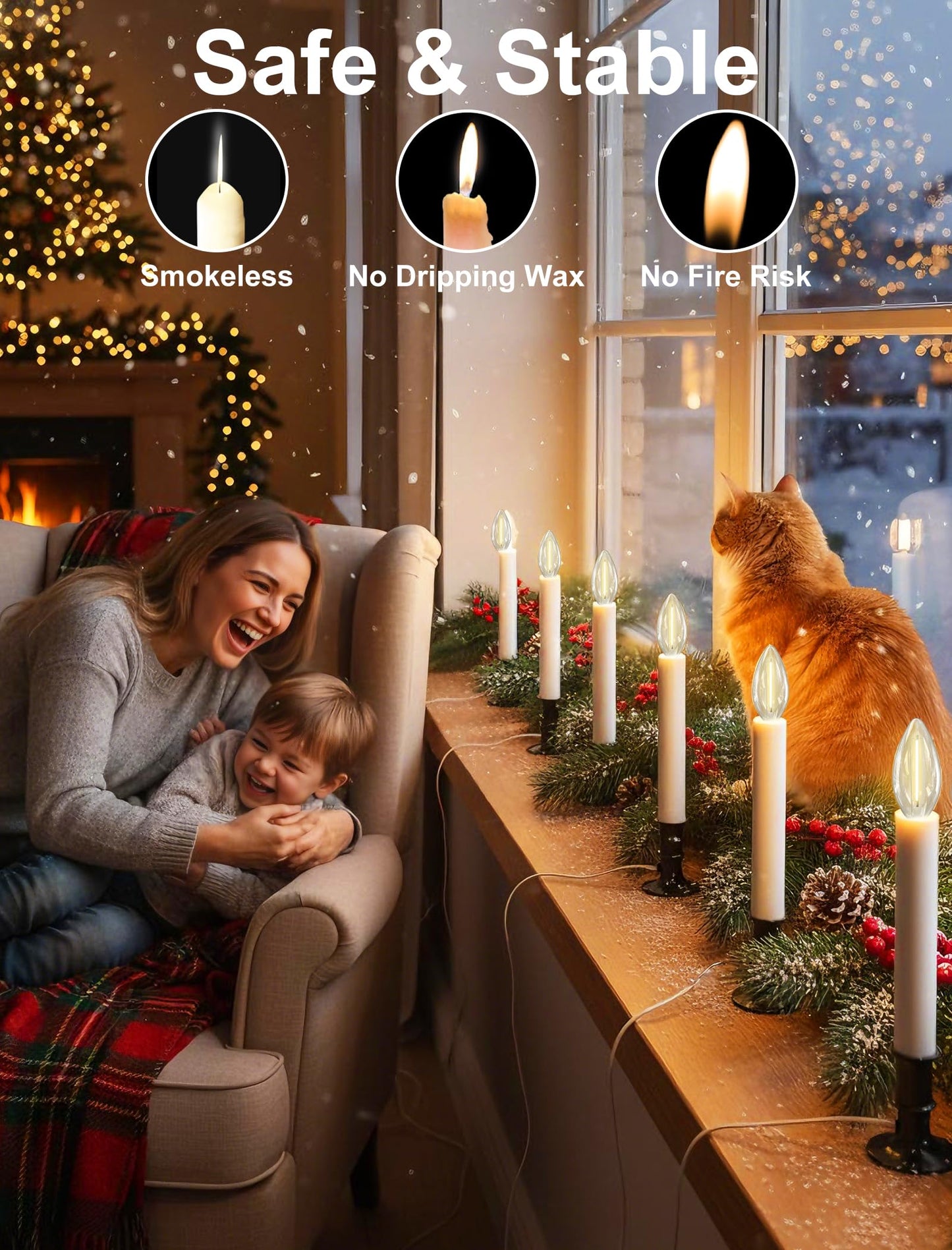 Romasaty 4 Pack Electric Window Candles with Sensor Dusk to Dawn, Christmas Window Candles Bronze Plated Base, 9 Inch Candle Lights with 0.6W LED E12 Bulbs for Indoor Christmas Table Decor