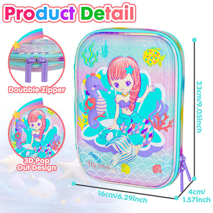 YOYTOO Mermaid Pencil Case Stationery Set for Girls, 3D EVA Big Capacity Cute Pencil Pen Case Bag with Zipper Office College School Storage Bag Pouch Holder Box Organizer