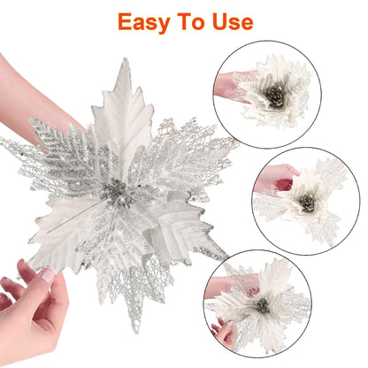 10'' Large Christmas Glitter Poinsettia Flowers Decorations, stadeco 10 Pcs Christmas Tree Picks Ornaments Artificial Flowers with Long Stems for Xmas Tree Wreath Garland Wedding Party DIY Decor
