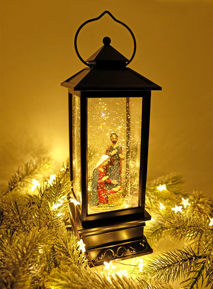 Wondise Lighted Musical Snow Globe Lantern with 6 Hour Timer, 12 Inches USB Powered and Battery Operated Spinning Water and Swirling Glitter Christmas Snow Globe Lantern Gifts(Nativity)