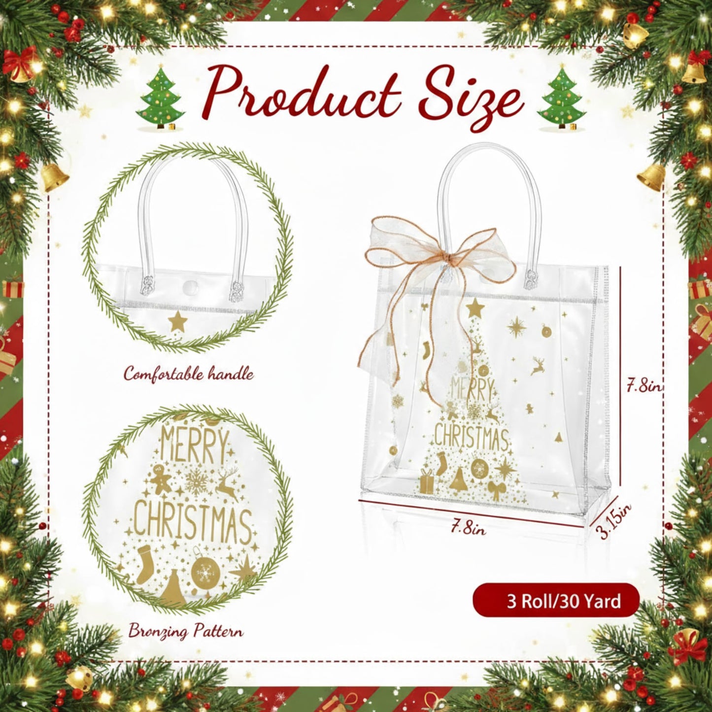 Henoyso 24 Pcs Gold Christmas Clear Gift Bags Plastic Goodie Candy Treat Bag with Handles PVC Gift Wrap Totes with Ribbon for Xmas Party Favors (7.8 x 7.8 x 3.1)