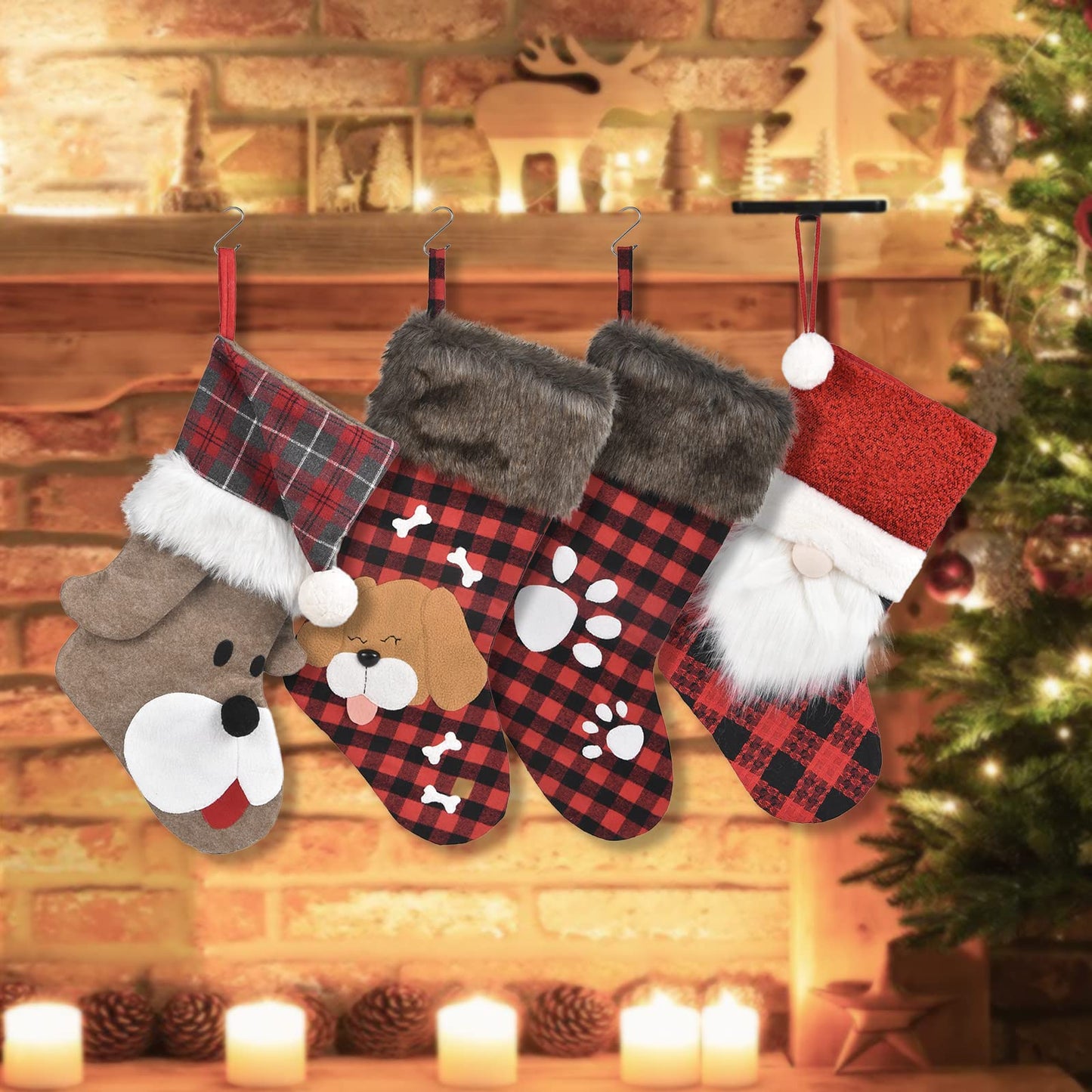 WORLDECO Christmas Stocking 2025 Ornaments, Handmade Dog Footprints Pattern Sock with Faux Fur, Xmas Winter Party Decorations Gifts, Santa Plush Decor, 20 inch, Red