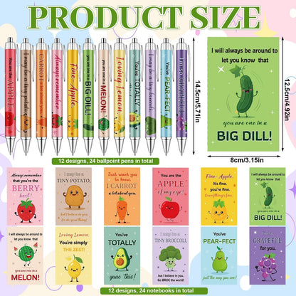 24 Sets Inspirational Mini Notebook with Pens Bulk Motivational Pocket Notepad with Cute Fruit Vegetable Pun Design Positive Gifts Employee Appreciation Gifts for Coworker Volunteer Teacher Students