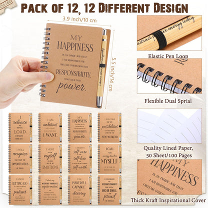 Pasimy 24 Pcs/12 Set Bulk Positive Affirmation Spiral Notebooks with Bamboo Pen Daily Affirmation Gift Set Motivational Encouragement Notepad Small Journals 5.5 x 3.9 Inch for Women Self Care