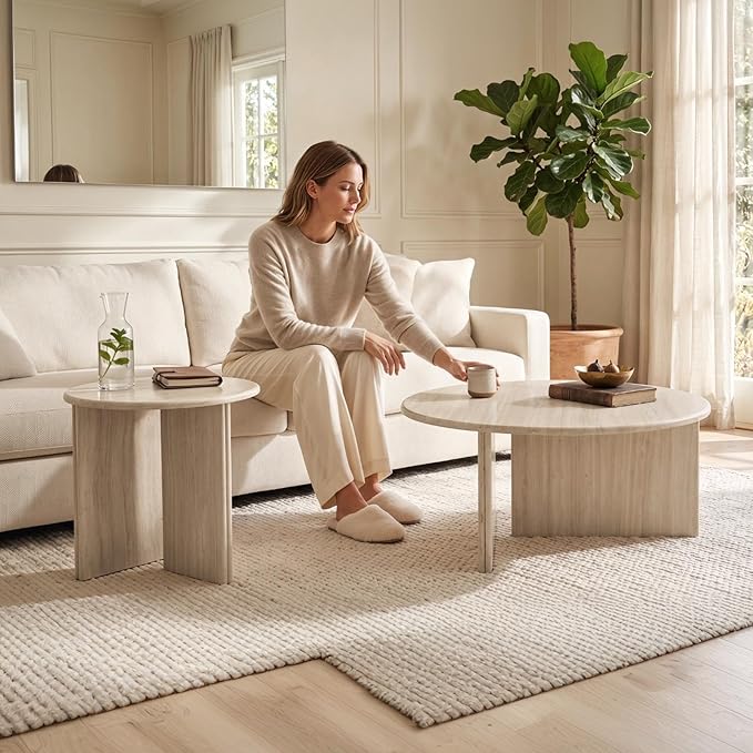 HNY Coffee Table and End Table Set of 2 Modern Round Nesting Coffee Table Faux
