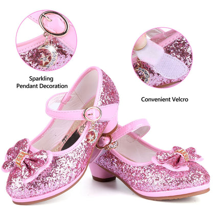 KUWIBY Girl Sandals Glitter Princess Shoes Sequin Party Shoes Bling Bowknot High Heels Wedding Birthday Dress Comfort Bright Diamond Cosplay Dance for Little Girls Christmas Pink