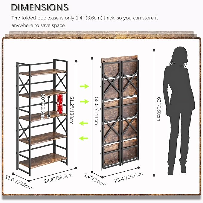 4NM 5 Tiers No Assembly Book Shelves, 51.2" H Folding Bookshelf Bookcase Open