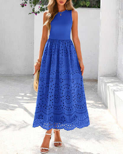 dowerme Women Summer Dresses 2025 Casual Sleeveless Crewneck A-Line Boho Lace Eyelet Cotton Tank Maxi Dress with Pockets