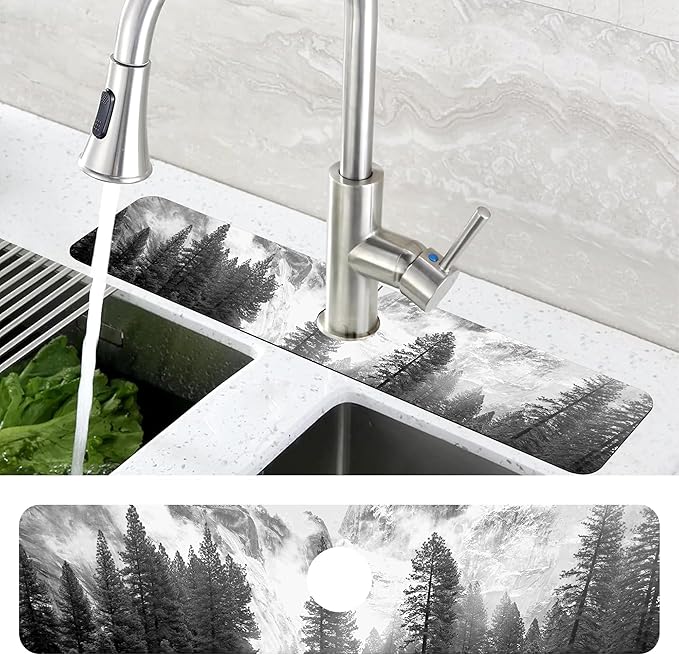 Winter Forest Mountain Sink Faucet Absorbing Mat Sink Splash Guard Faucet Mat