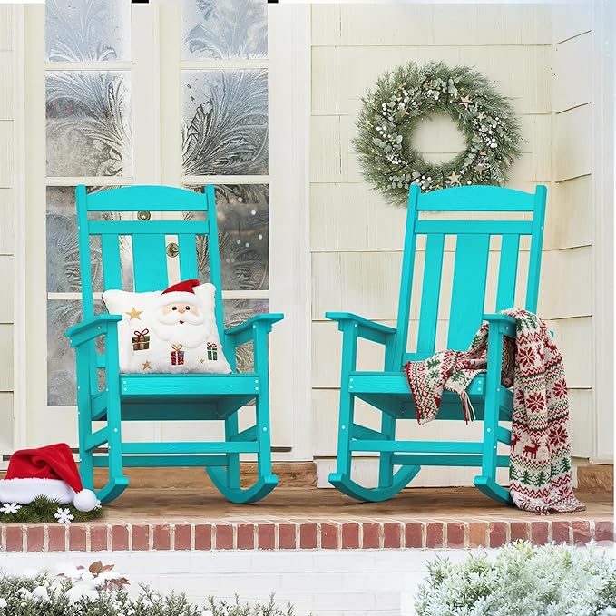 LUE BONA Outdoor Rocking Chairs Set of 2, HDPS Porch Rocker with High Back, Plastic Weather Resistant Rocking Chairs for Outdoor Indoor, Garden, Backyard, 350lb,Aruba Blue